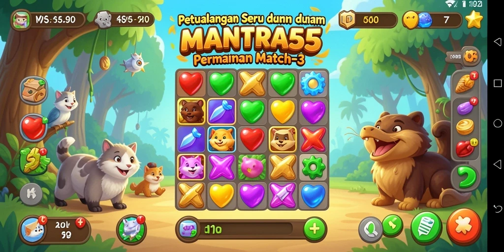 Tampilan gameplay Match-3 yang menarik dan penuh warna.