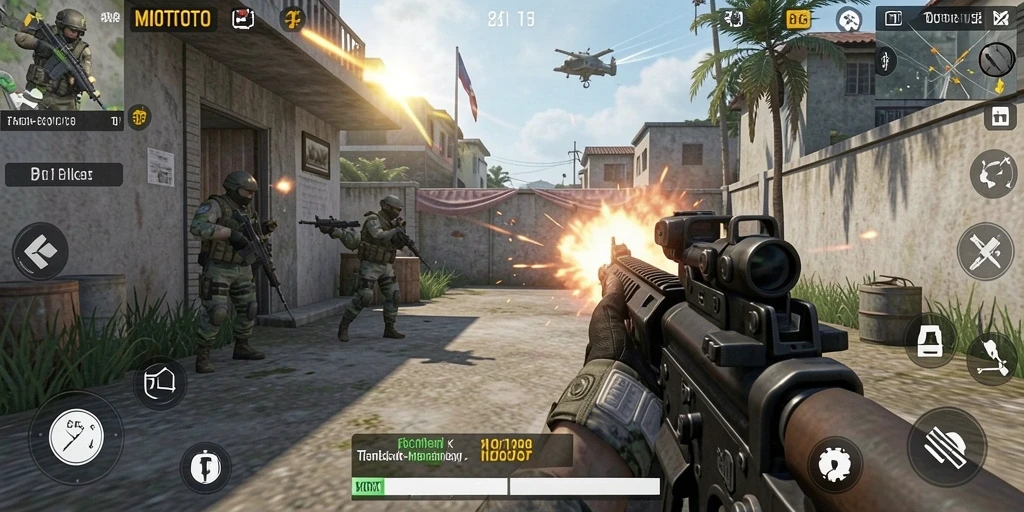Tangkapan layar gameplay MIOTOTO menampilkan aksi tembak-menembak yang intens.