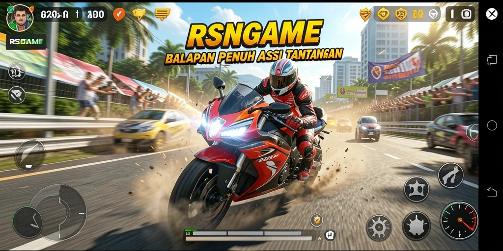 Gameplay RSNGAME yang mendebarkan dengan kecepatan tinggi dan balapan seru.