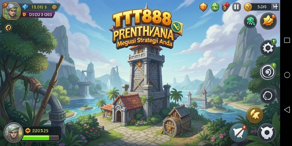 Screenshot utama TTT888 menunjukkan aksi menara dalam pertahanan melawan musuh.